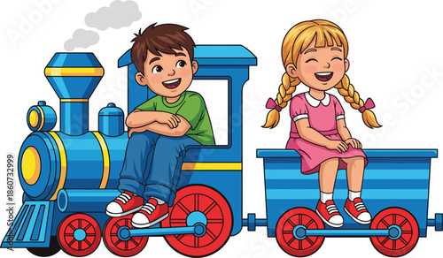 Cartoon children riding on a blue toy train blue train