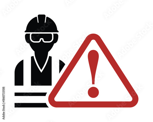 Industrial Safety Icon with Black Construction Worker Silhouette and Red Hazard Exclamation Triangle for Site Caution - Professional Vector Stock Image