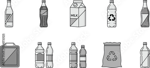 Gray scale of various recyclable beverage containers and packaging bottles milk carton