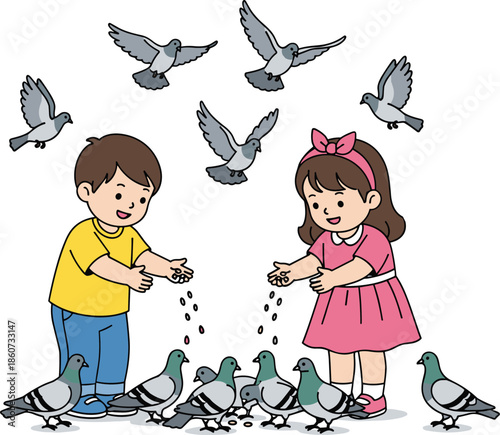 Children feeding pigeons with seeds kids girl