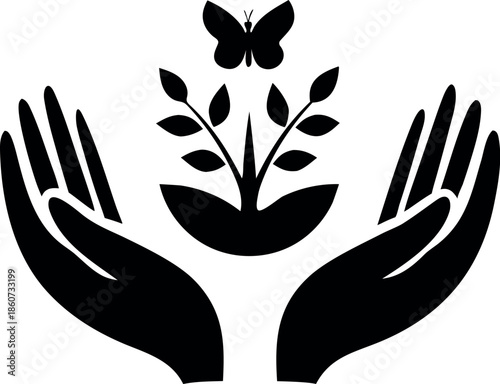 Vector silhouettes of Two giant hands forming a circle silhouette