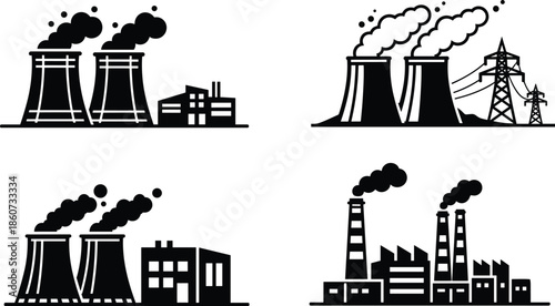 Industrial buildings with smokestacks and power lines factory power plant cooling tower