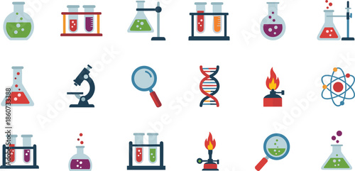 Laboratory equipment including beakers flasks test tubes microscope science