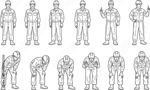 Line of workers in various poses line workers laborers construction workers hard hats