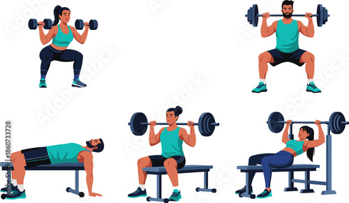 People exercising with dumbbells and barbells in gym workout exercise fitness weightlifting