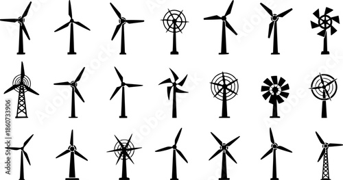 Set of diverse wind turbine silhouettes in minimalist black and white designs

