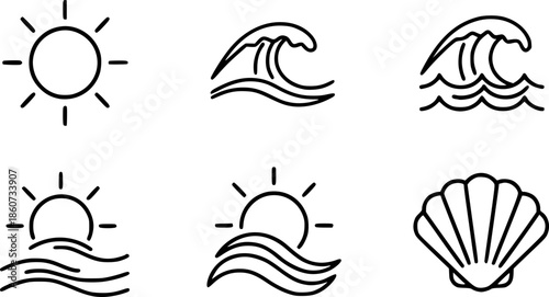Minimalist sun and sea icons set - black and white linear designs
