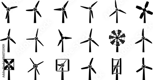 Set of diverse wind turbine silhouettes in minimalist black and white designs
