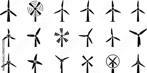 Set of diverse wind turbine silhouettes in minimalist black and white designs
