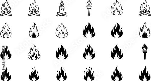Icon set of diverse fire flame designs in various styles for creative projects
