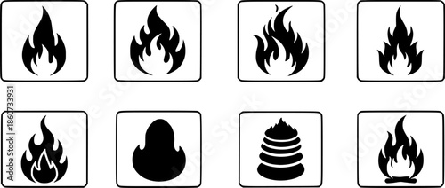Icon set of diverse fire flame designs in various styles for creative projects
