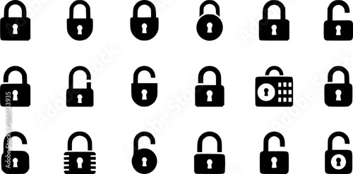 Variety of lock icon designs in simple monochrome styles for security concepts
