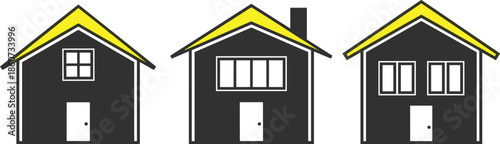 Three gray houses with yellow roofs and white trim homes buildings architecture