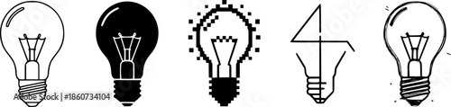 Set of light bulb icons in various styles: outline, silhouette, pixelated, linear, and sketch
