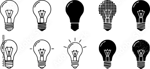 Set of light bulb icons in various styles: outline, silhouette, pixelated, linear, and sketch
