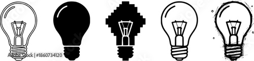 Set of light bulb icons in various styles: outline, silhouette, pixelated, linear, and sketch
