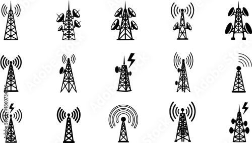 Set of antenna tower icons in various styles for communication and network design
