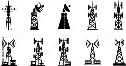 Set of antenna tower icons in various styles for communication and network design
