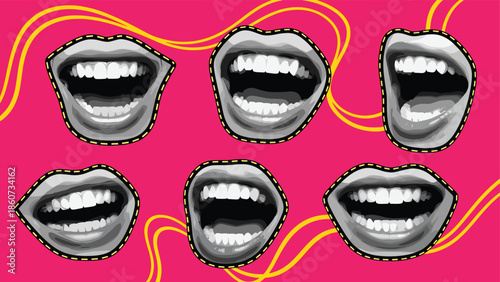 Six open mouths with white teeth on pink background yellow lines screaming