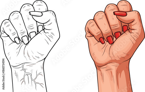Two cartoon fists one colored and one black and white hands