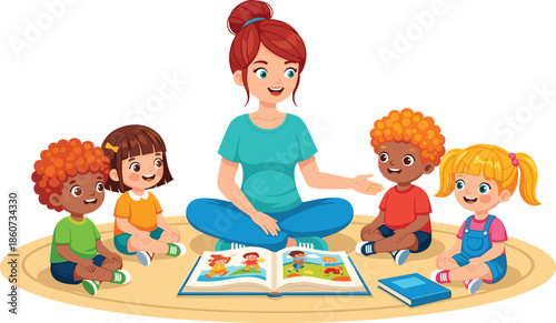 Woman reading to children on floor book