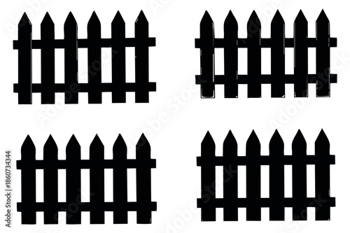 Hand drawn picket fence set featuring black silhouette variations for garden design