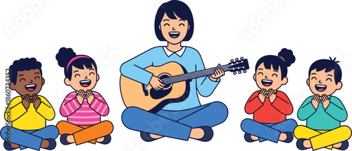 Woman playing guitar for four children sitting cross-legged music lesson
