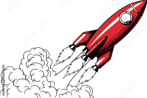 Hand drawn line art illustration of a rocket depicting a launch for business concept and innovation