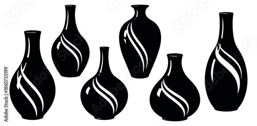 Graphic style vases set featuring elegant black silhouettes with dynamic swirl highlights for interior decoration