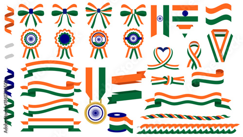 Modern Flat Vector Indian Flag Ribbon Elements Collection for Republic Day of India Creative Use