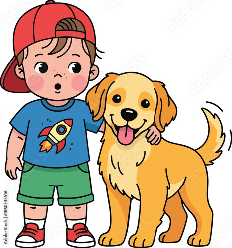 Happy Boy with Golden Retriever Cartoon Duo.