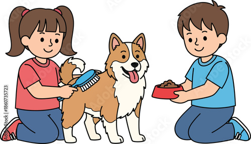 Playful corgi being brushed by children.