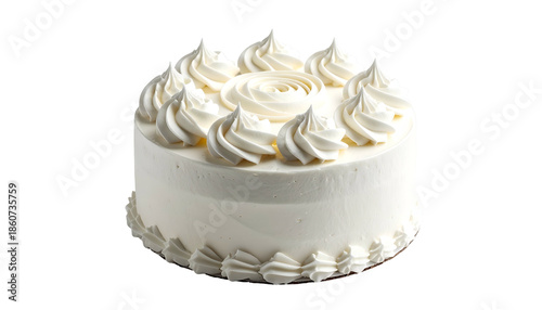 Round vanilla cake with white frosting and piped swirls, isolated on black background