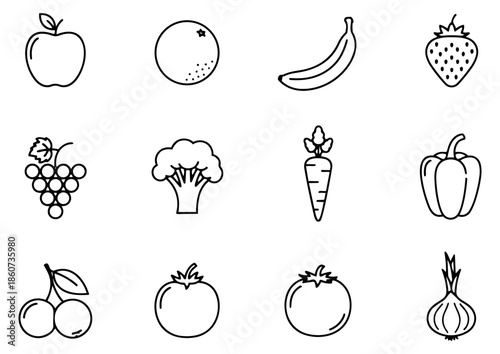 Hand drawn line art fruits and vegetables set featuring various fresh produce icons for healthy eating and food concepts