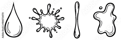 Hand drawn line art liquid elements set featuring drops, splashes, and spills for design projects