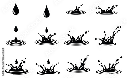 Graphic liquid drop and splash set featuring various impact and ripple effects for beverage and fluid concepts