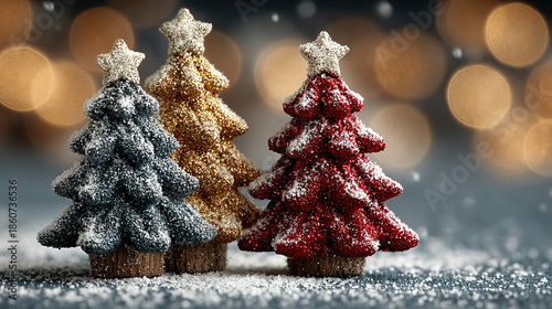 Small decorative Christmas trees with glitter, snow, and star toppers.
