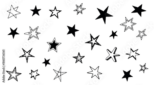 Hand drawn stars set featuring a variety of black and white shapes for design and decoration