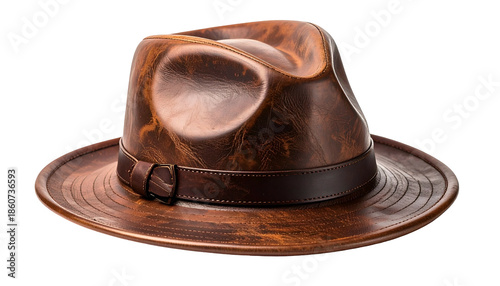 A detailed studio shot of a brown, leather fedora hat on a transparent background