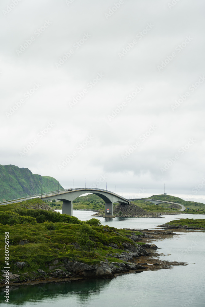 Obraz premium bridge curving over the sea with green hills, Lofoten, Norway