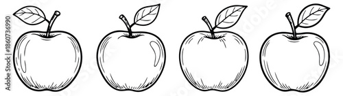 Hand drawn line art apple set featuring fruits with stems and leaves for healthy food design
