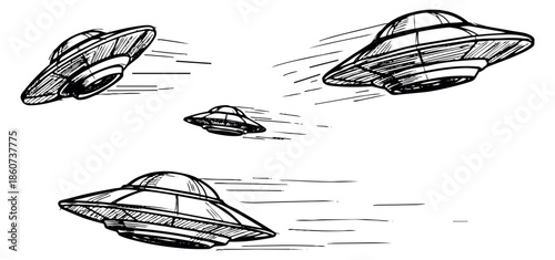 Hand drawn line art flying saucers set featuring alien spacecraft in motion for science fiction themes