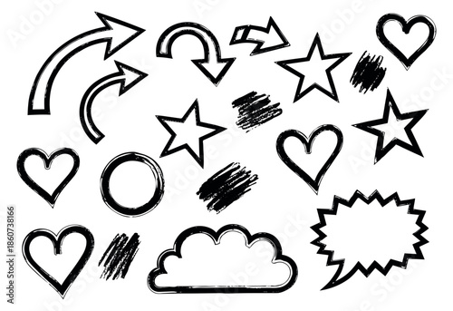 Hand drawn grunge design elements set featuring arrows, hearts, stars, a speech bubble, and brush strokes for creative projects