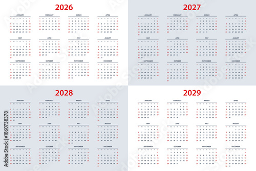 Calendar planner for 2026, 2027, 2028, 2029 year. Сalendar design, 12 months 2026-2029. Professional planner template for business, office, corporate use, project planning, scheduling, and time