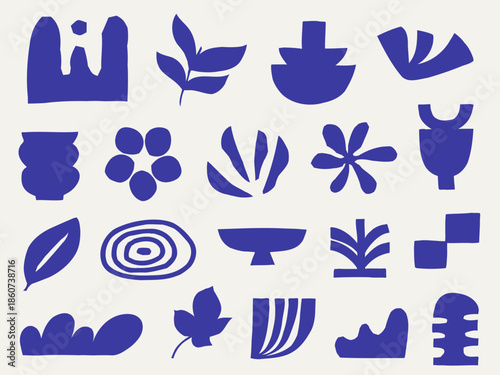 Set of blue matisse inspired abstract cutout shapes including vases and leaves for trendy boho pattern design