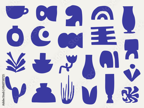 Collection of indigo blue organic botanical and geometric cutout shapes with cactus and moon for aesthetic design