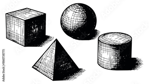 Hand drawn line art geometric shapes set featuring a cube, sphere, pyramid, and cylinder for educational content