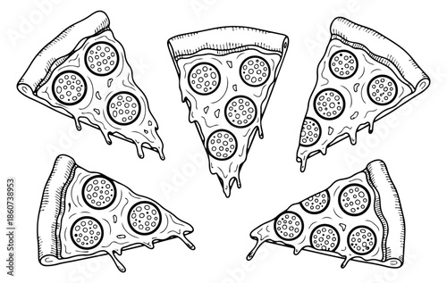Hand drawn line art pizza slices set featuring pepperoni and melting cheese for food-related designs