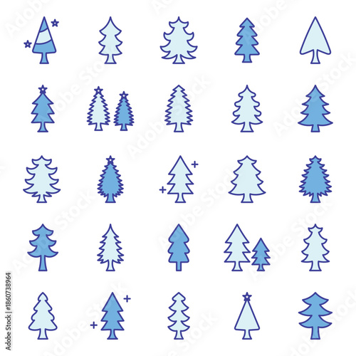 Christmas trees blue color outline icon bundle.Pine tree Vector illustration.