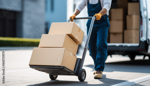 Delivery Person in Blue Overalls Moving Cardboard Boxes on a Hand Truck from a Van. Concept for e-commerce logistics, last-mile delivery services, and professional shipping and handling.